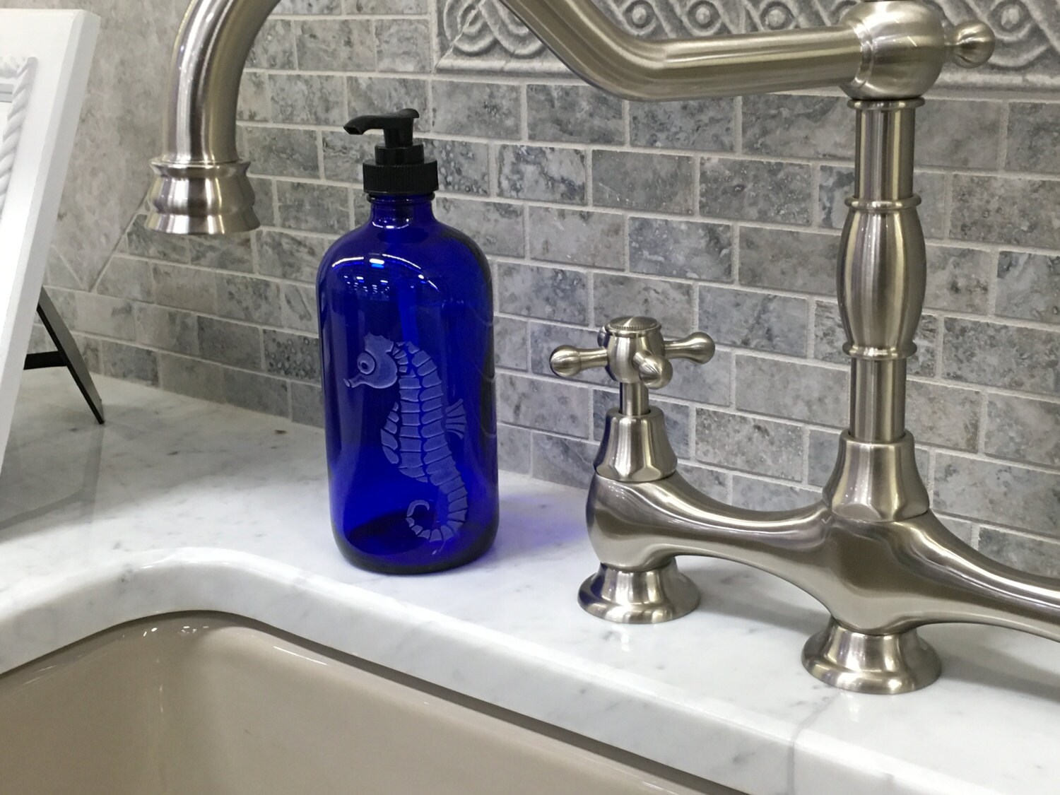 Cobalt blue glass Soap Dispenser with etched Seahorse Etsy