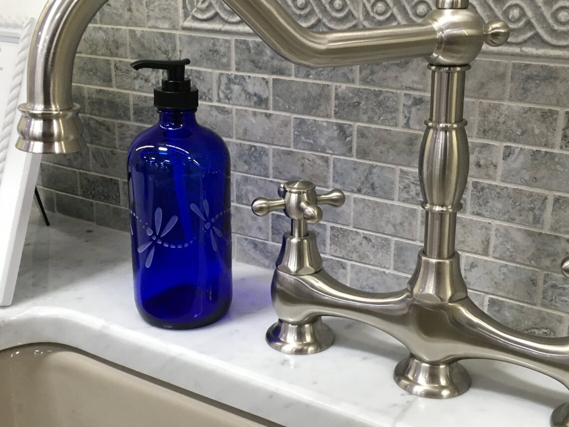 Cobalt Blue Glass Soap Dispenser With Etched Dragonflies Etsy