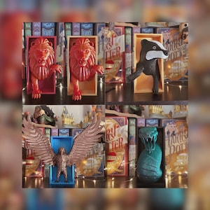 May include: Four bookends featuring Harry Potter characters. The bookends are made of a 3D printed material and are painted in various colours. The bookends are displayed on a shelf with Harry Potter books.