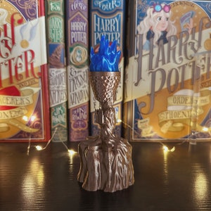 May include: A 3D printed replica of the goblet from the Harry Potter series. The goblet is made of brown plastic and has a blue flame on top. The goblet is sitting on a wooden shelf in front of a row of Harry Potter books.