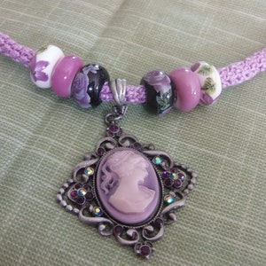 Handmade Crochet Necklace, Crocheted Necklace, Crochet Jewelry, 100% Cotton Necklace, Purple Cameo Crystal Pendant, Artisan Jewelry for Her
