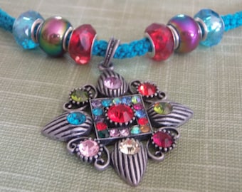 Handmade Crochet Necklace, Crocheted Necklace, Crochet Jewelry, 100% Cotton Necklace, Silver Color Crystal Pendant, Artisan Jewelry for Her