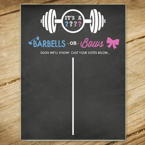 Crossfit Baby Gender Reveal Party - Matching Barbells or Bows Voting Board / Sign