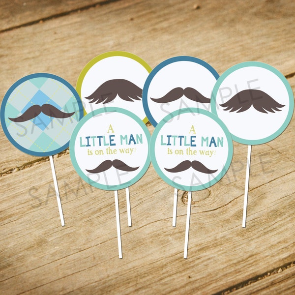 A Little Man is on the Way! / Mustache Themed Baby Shower Cupcake Toppers