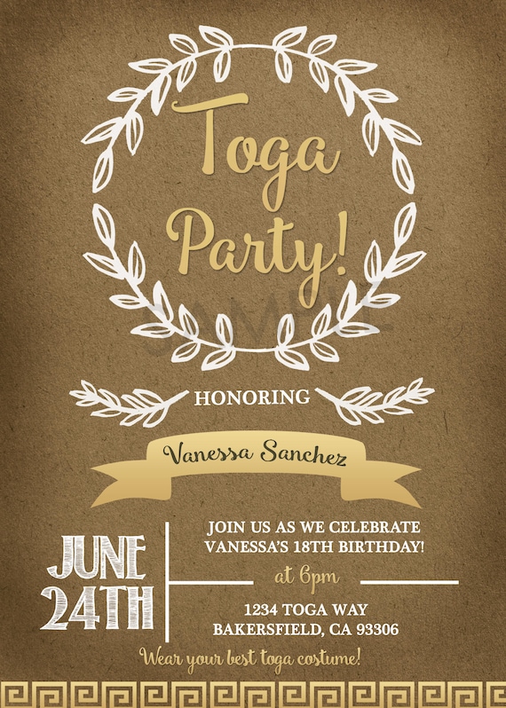 Toga Party Greek Gold Laurel Natural Invitation Etsy