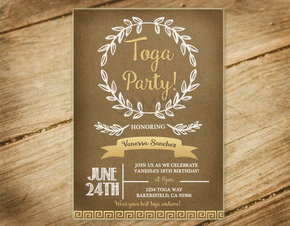 Toga Party Greek Gold Laurel Natural Invitation Etsy