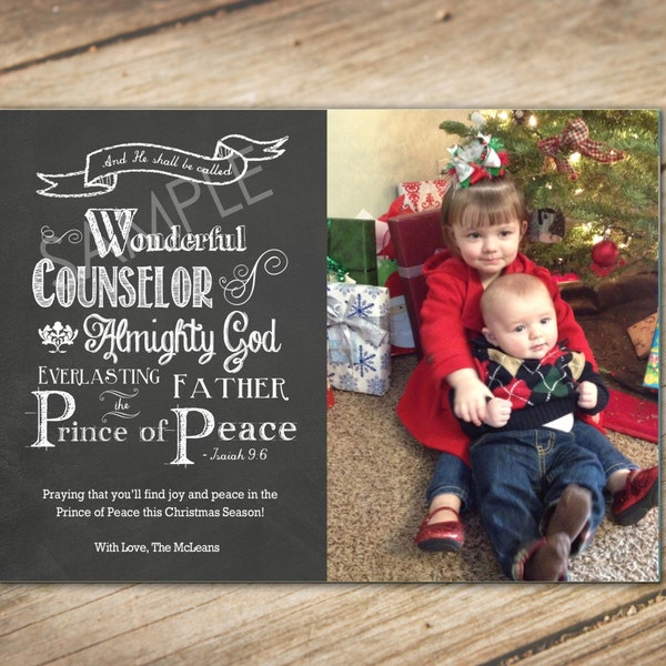 Chalkboard Christmas Card - Bible Verse Isaiah 9:6, Religious Christmas Card with Family Photo