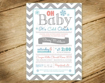 Oh Baby Its Cold Outside Baby Shower Invitation - Chevron, Pink, Blue, Winter Snowflakes