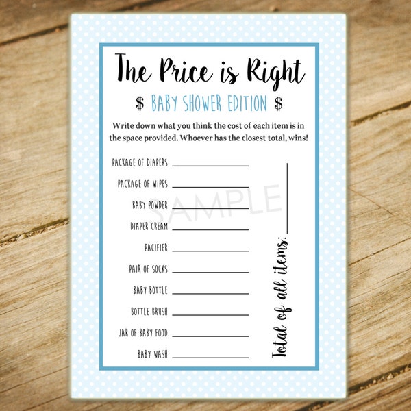 The Price is Right Baby Shower Game / Light Blue / Baby Boy / Polka Dots / Shabby Chic - Printable Instant Download