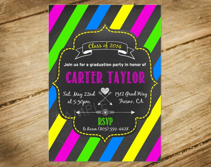 Graduation Party Invitation Chalkboard Neon / Bright Colors - Etsy