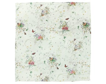 May include: A square, off-white scarf with a delicate floral and butterfly pattern. The design features clusters of pink, purple, and white flowers intertwined with green vines and small brown butterflies. The scarf has a soft, flowing appearance.