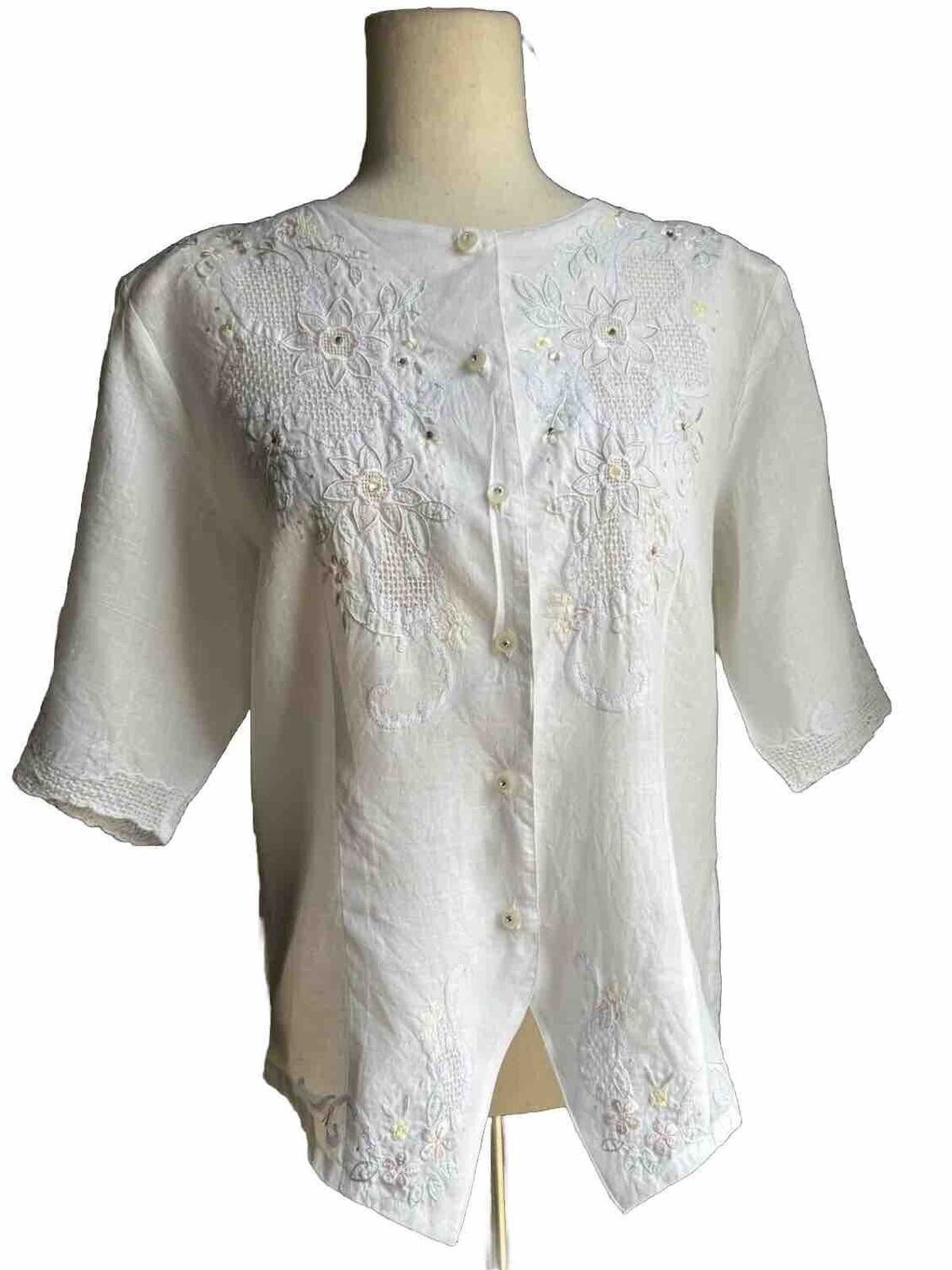 100% Linen Top Blouse Vintage 80s Embroidered Floral 100% Linen Top Blouse Vintage 80s Embroidered Floral