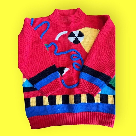 Funky Sweater Vintage 80s Retro Crazy Medium Red … - image 1