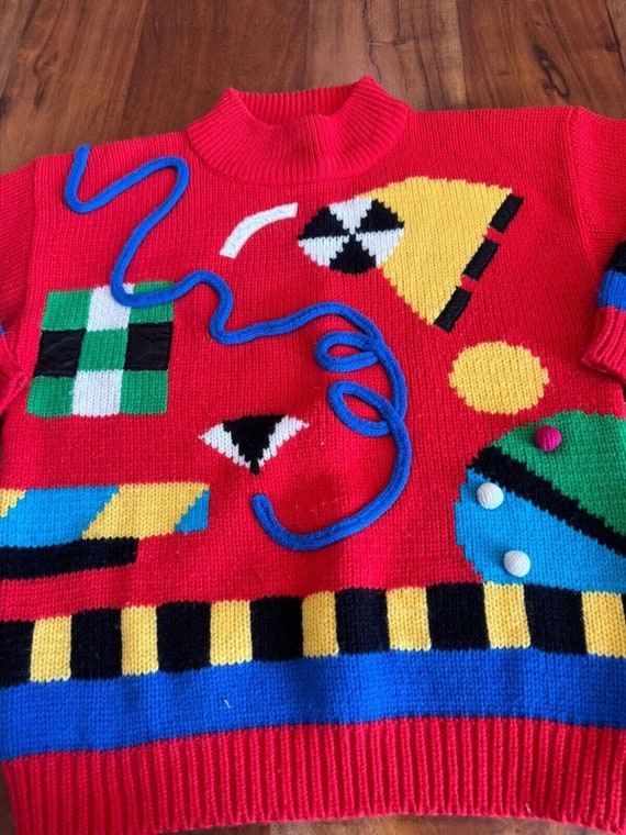 Funky Sweater Vintage 80s Retro Crazy Medium Red … - image 3