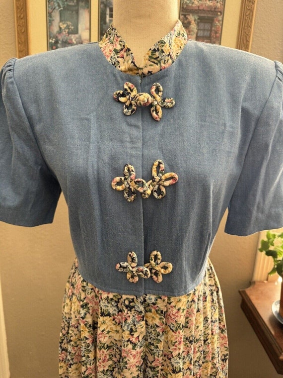 Denim Jean Tie Back Dress Floral Asian Inspired C… - image 2