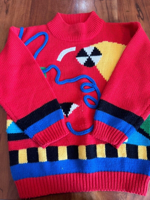 Funky Sweater Vintage 80s Retro Crazy Medium Red … - image 2
