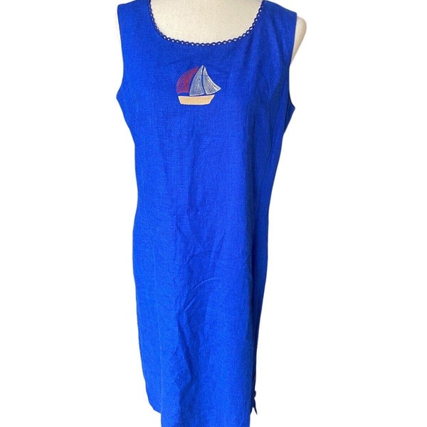 Linen Sun Dress Maxi Sailboat Nautical Novelty Medium Embroidered True Vintage 90s Sleeveless Womens