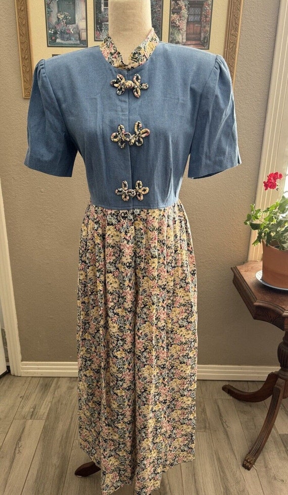 Denim Jean Tie Back Dress Floral Asian Inspired C… - image 1