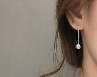 Simple Line Threader Earrings/ 925 Sterling Silver Chain with cubic zirconia earrings