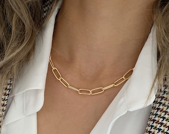 Collar de cadena de eslabones rectangulares bañado en oro: Gargantilla para todos los días