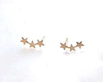 Gold Tiny Star Earrings / Three Star Climber Post Earrings / 14k gold filled, 925 Sterling Silver