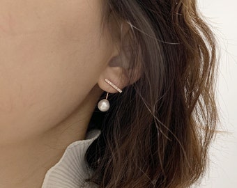 Veste d’oreille / Boucles d’oreilles avant arrière / Barre de zircone cubique avec boucles d’oreilles en perle