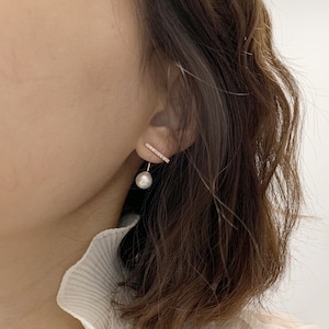 Ear Jacket/ Front-back earrings / Cubic Zirconia bar with Pearl Earrings