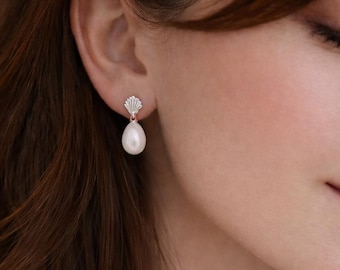 Gold Sea Shell Post Earrings: Sterling Silver Pearl Drops