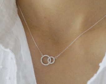 925 Silver Circular CZ  Linked Necklace / Eternal  Double Ring Necklace