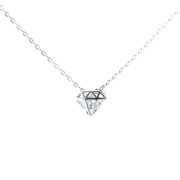 Silver Plated Diamond Shape Cutout Pendant with Sterling Silver chain necklace