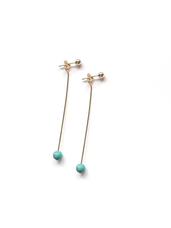 Gold Filled Ball Post Earring with Tiny Turquoise / long simple tiny earring