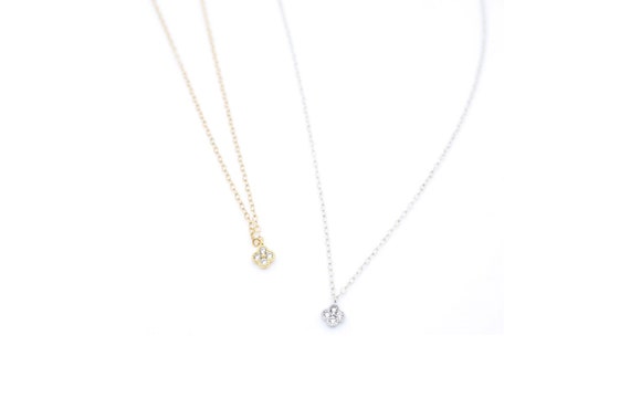 Gold Filled Tiny Clover Charm Necklace / Cubic Zirconia Necklace