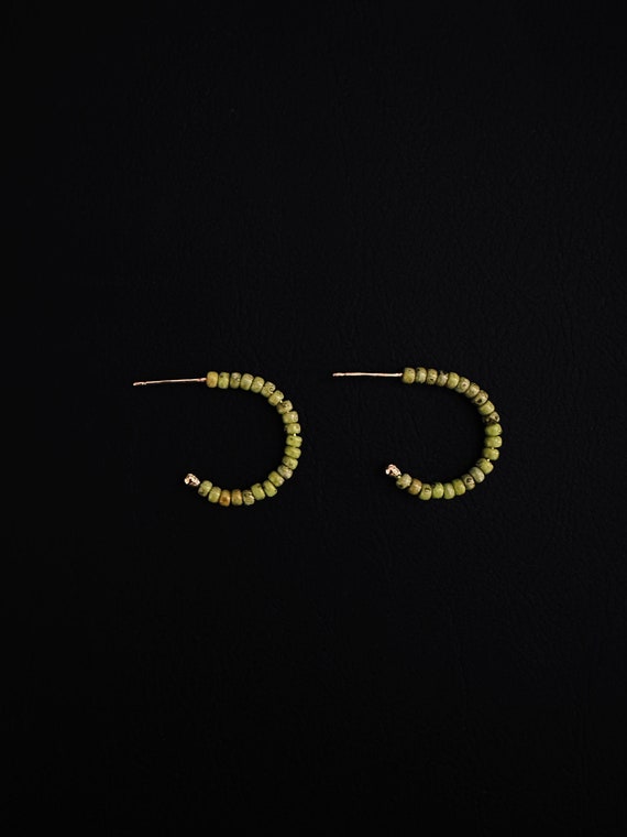 Gold Green Beads Cuff Hoop Earrings /round stud Earrings / bright colorful green gold Earrings / Hoop Earrings