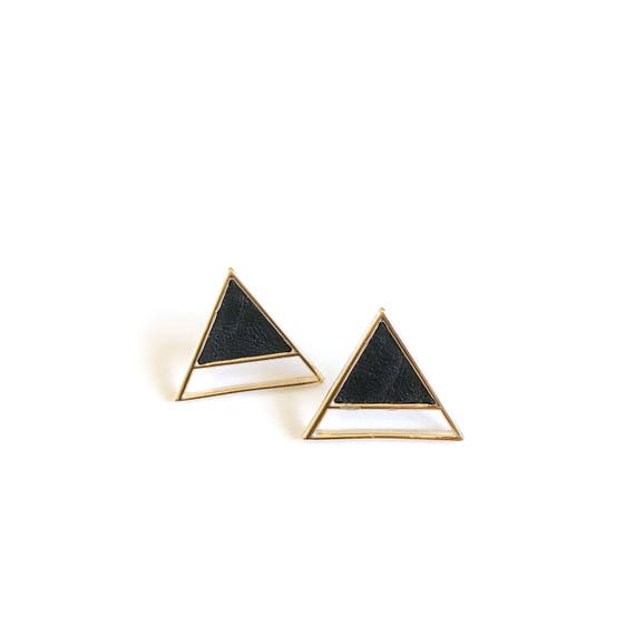 Triangle gold with black leather earring