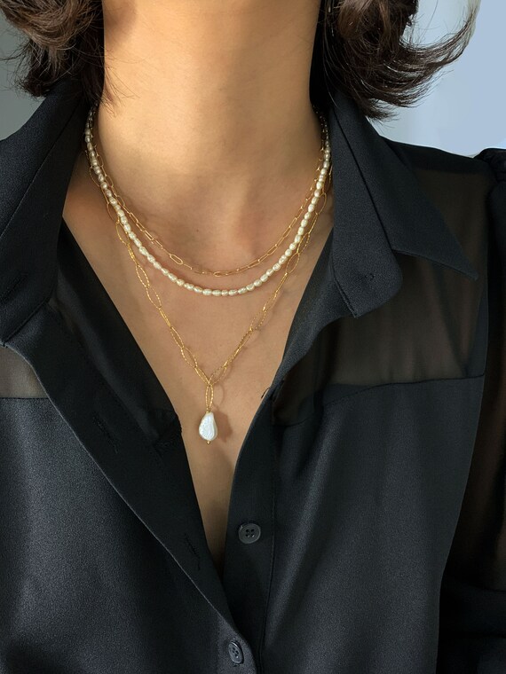 Link Chain with Fresh Pearl Pendant / Layering Necklace Set / Layered Set of 3 Necklaces