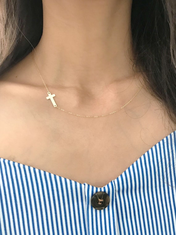 Sideways Cross Necklace / 14k Gold Filled, 925 Sterling Silver Cross Necklace