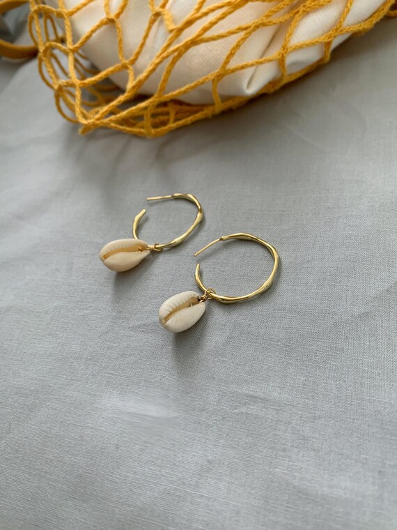 Dainty Wavy Hoops with Natural Cowrie Shell 14k gold filled