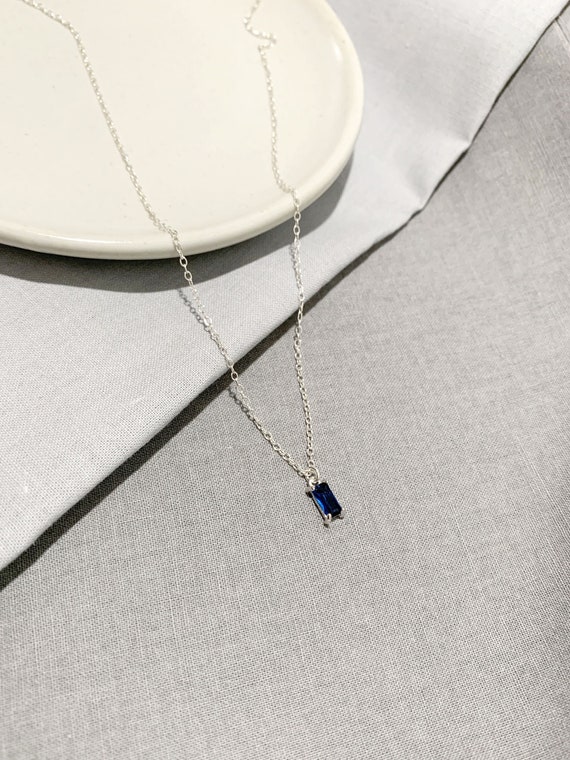 925 Silver Tiny Green, Blue, Clear Rectangle Shape Necklace /April, May, September Birthstone  Pendant necklace