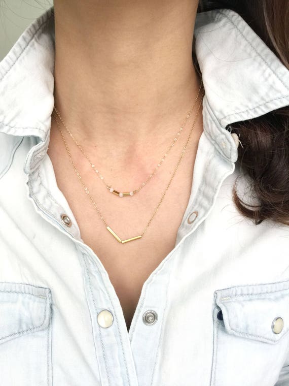 Delicate Thin Gold Necklace / Layered Necklaces / Tiny Opal Beads row with tubes