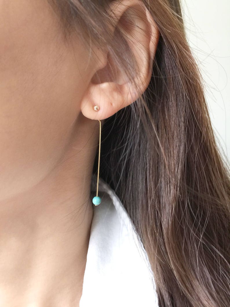 Gold Filled Ball Post Earring With Tiny Turquoise / Long Etsy