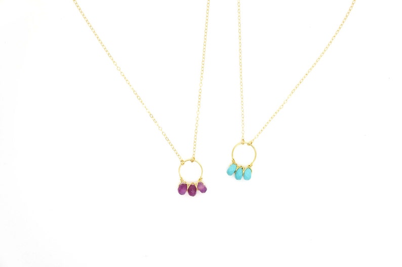 Gemstone gold filled Circle Necklace / Turquoise, Red Agate Necklace / blue pink necklace image 2