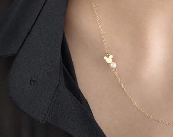 Collar de Mickey Mouse con perla pequeña: cadena chapada en oro de 14 k