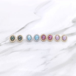 Nickel Free Earrings/ Color Opal with Pearl Stud Earrings / Titanium Posts in silver