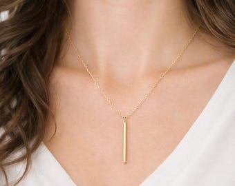Gold Vertical Bar Necklace, Minimalist Pendant (40mm)  Dainty Everyday, Layering Jewelry, Gift for Her