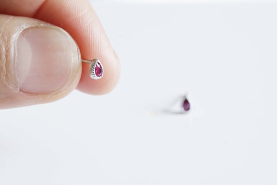 Silver Tiny Tear Drop Shape Ruby Earring