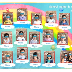 May include: A colorful classroom photo collage with a rainbow and clouds. The photo collage features 20 individual student photos and 3 teacher photos. The text "School name & class name 2019 - 2020" is at the top of the collage.