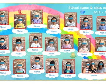 Custom Class Group Photo • Large Placemat, Photomat, Wall Print • Rainbow & Clouds • Deskpad • Laminated Wall Print • Photo Collage