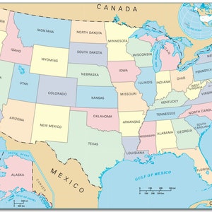 May include: A map of the United States of America showing the states and their borders. The map is in a light blue, pink, and yellow color scheme. The map also includes the states of Alaska and Hawaii.