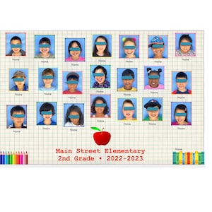 May include: A class photo of second grade students from Main Street Elementary School. The photo is set against a blue and white grid background with a red apple and a stack of books at the bottom. The students are all smiling and looking at the camera.
