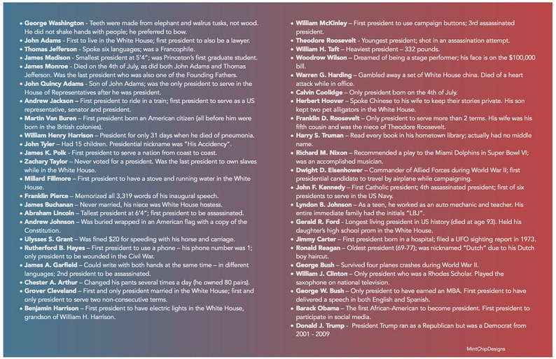 Placemat American US Presidents /& Presidential Trivia \u2022 Presidential Portraits \u2022 Reversible \u2022 Laminated \u2022 Easy to Clean
